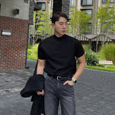 Voguable black men fashion urban Black Half Turtleneck Pullover Knitted T-shirt Men's American-Style Men's Short-Sleeved Sweater Trendy Slim Bottoming Half-Sleeved Shirt voguable